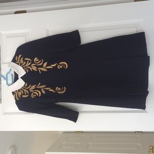 Dark Navy Dress with Gold Embroidery and White Collar